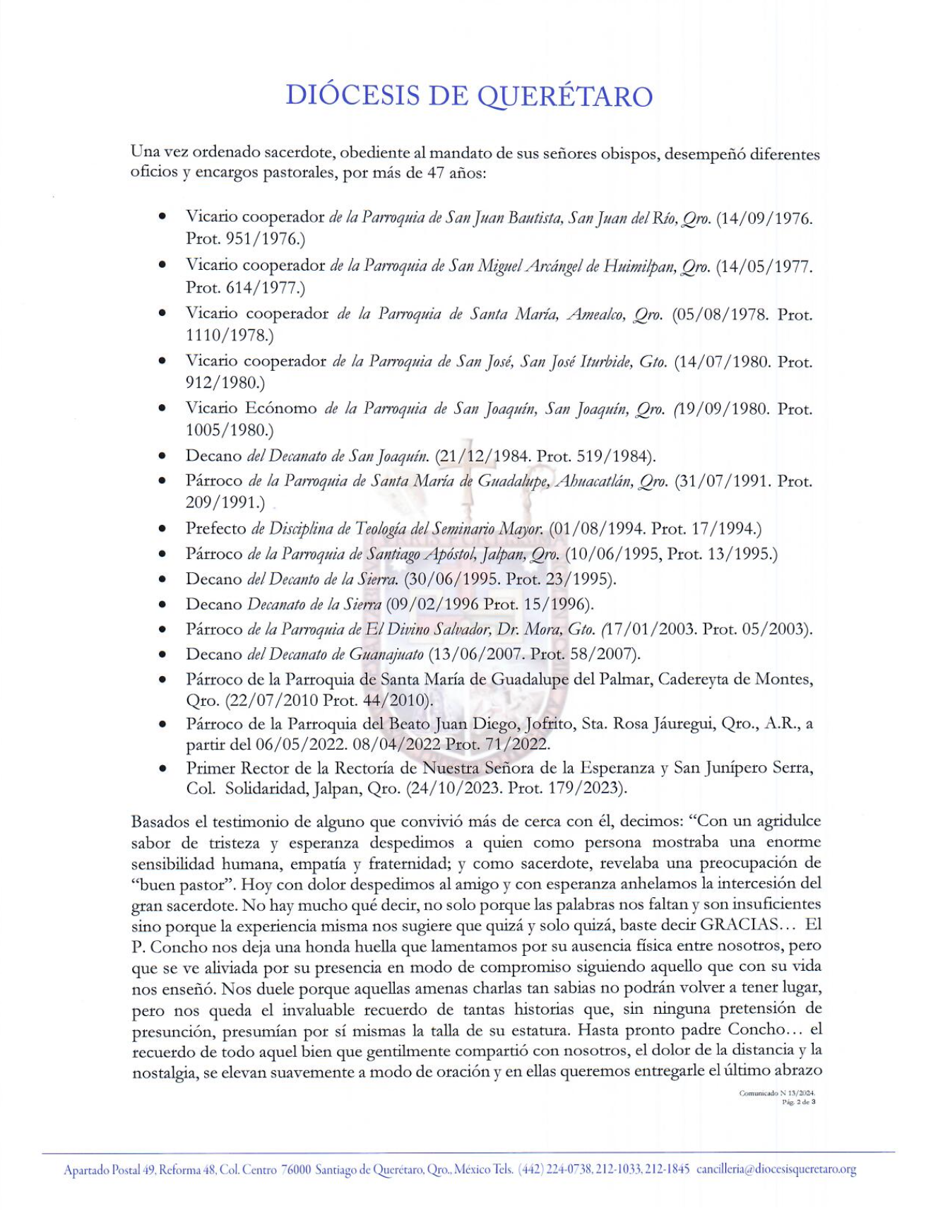 Comunicado N. 13/2024. Asunto: Sobre el sensible fallecimiento del Rudo. Sr. Phro. D. J. CONCEPCIÓN DE SAN JUAN LOZANO HERRERA. 2